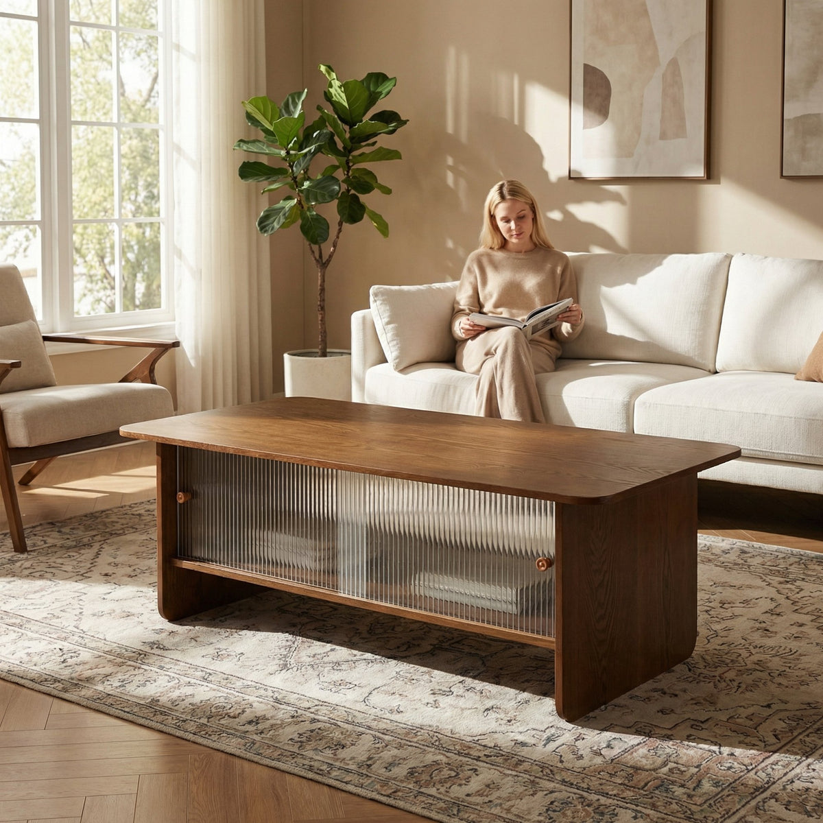 47-inch rectangular modern minimalist coffee table with a storage cabinet featuring glass sliding doors, suitable for living rooms, bedrooms and offices, easy to assemble, brown
W3935P408518/D25001Z