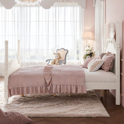 Full Size Crown Shaped Platform Bed, Four Poster Stylish Wooden Bed Frame, Elegant Curved Headboard Bed Frame For Bedroom,Beige