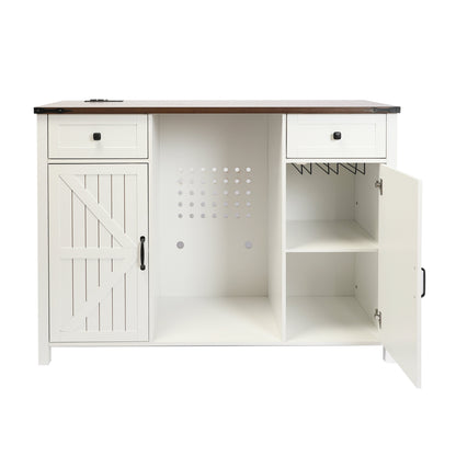 Farmhouse Coffee Bar with Mini Fridge Space & Built-in Charging Station,Large Bar Cabinet with Drawers & Adjustable Shelves for Kitchen, Dining Room, or Living Room, White