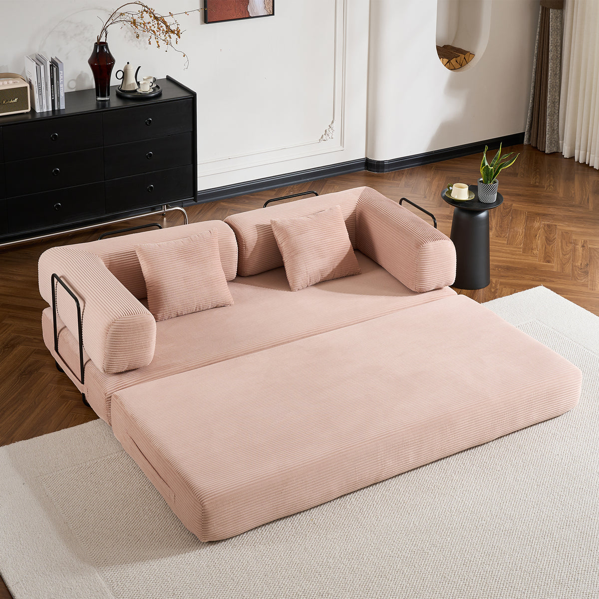 Convertible Sleeper Sofa Bed with Cylindrical Pillow, Corduroy Folding Mattress Couch with Fixed-Shape Frame, Floor Sofa Lounge Couch - Pink