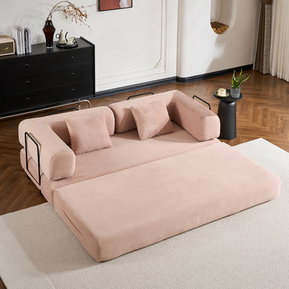Convertible Sleeper Sofa Bed with Cylindrical Pillow, Corduroy Folding Mattress Couch with Fixed-Shape Frame, Floor Sofa Lounge Couch - Pink