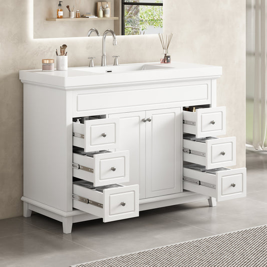 [Video] 48" Bathroom Vanity with Resin Sink, Soft-Close 6 Drawers & Double Doors with 2-Tier Shelves, Solid Pine Legs, White (Same SKU: N759S351752K)