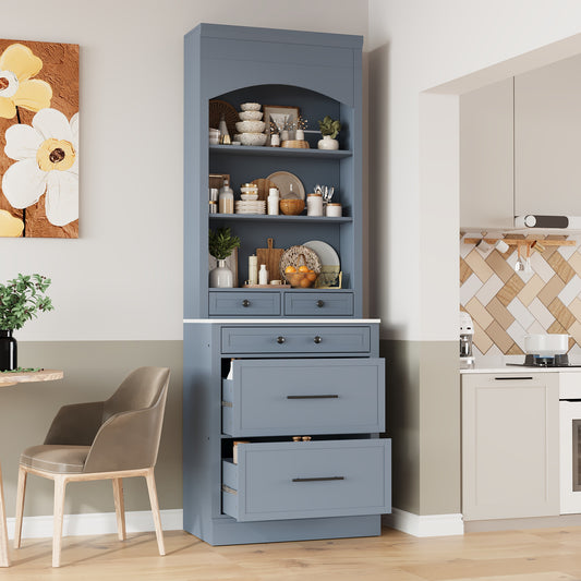 [Assembly Video Provided] TOPMAX Modern 83.7inch High Kitchen Pantry, Freestanding Tall Kitchen Hutch with Faux Marble Top – Model N717P221575E