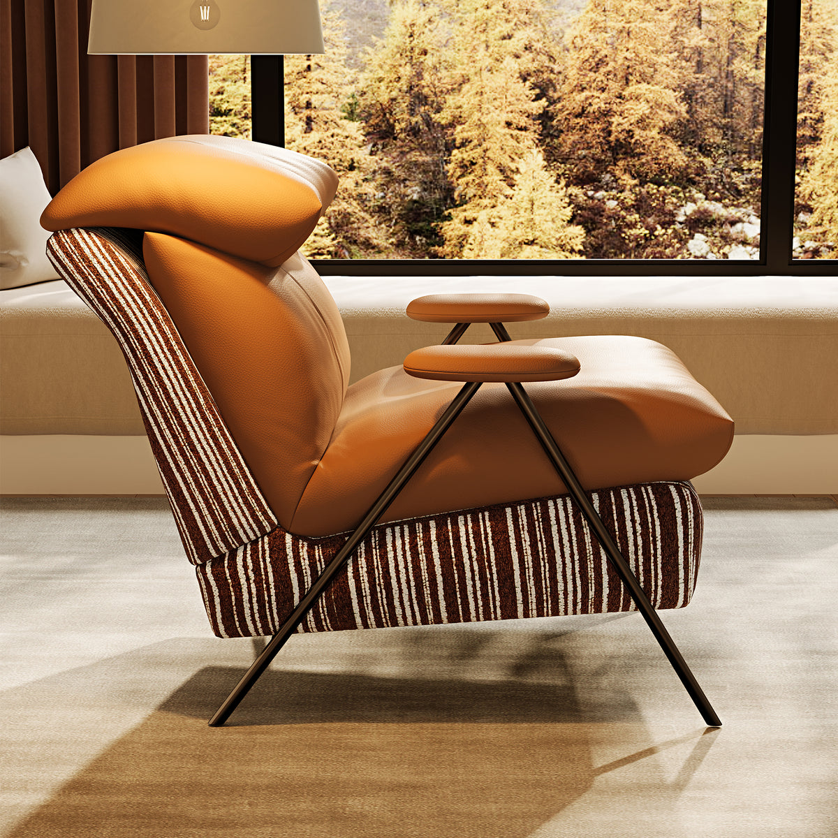 Minimalist casual single chair with solid wood frame, upholstered in leather and chenille fabric. It provides perfectly balanced soft-firm seating comfort and fits balconies, living rooms and bedrooms