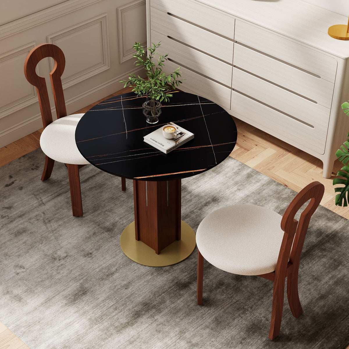 Φ85cm Round Slate Dining table, 12mm Black Desktop, Walnut Column, 2 - Person Kitchen Table for Small Space, 150lbs Weight Capacity(Only the Negotiation Table)