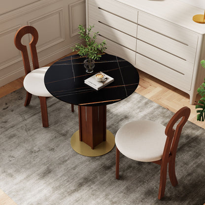 Φ85cm Round Slate Dining table, 12mm Black Desktop, Walnut Column, 2 - Person Kitchen Table for Small Space, 150lbs Weight Capacity(Only the Negotiation Table)