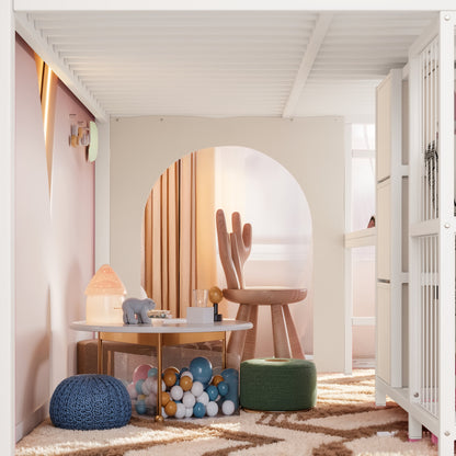 Twin Metal Low Loft Bed for Kids, Low Loft Bed with Storage Drawer, Low Loft Bed with Bookshelf & Built-in Desk, Sturdy Low Loft Bed Frame, Multi-Function Low Loft Bed for Kids.White