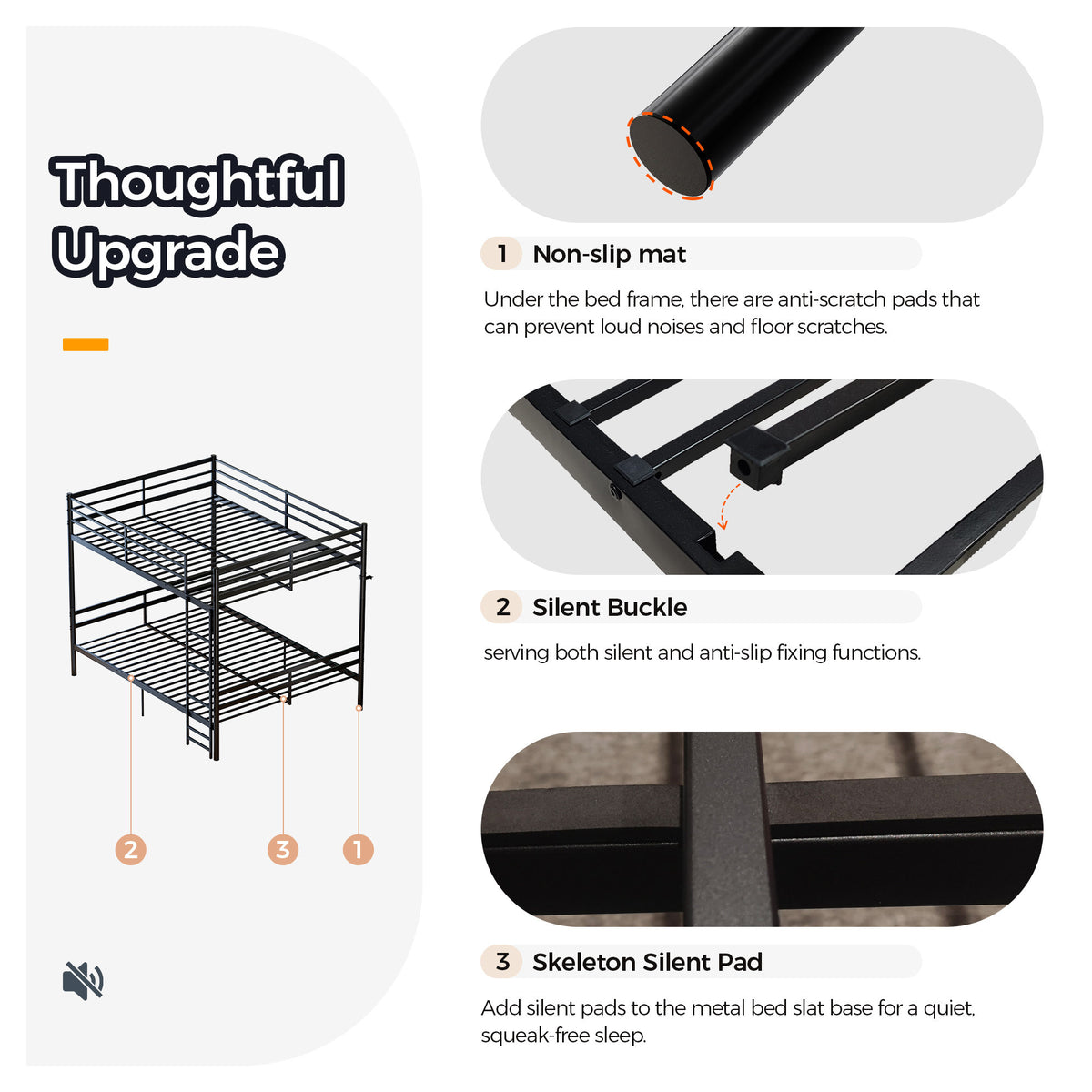 Queen-size heavy-duty bunk bed with ladder and high guardrails, 20 crossbars, minimum load capacity of 880 lbs per bunk, can be split into two double beds, includes storage space, black.