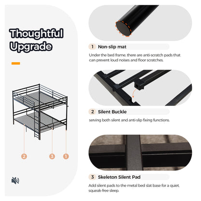 Queen-size heavy-duty bunk bed with ladder and high guardrails, 20 crossbars, minimum load capacity of 880 lbs per bunk, can be split into two double beds, includes storage space, black.