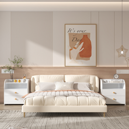 White Nightstand with 2 Drawers and Open Shelf, MDF Bedside Table with Curved Side Panels, Modern End Table for Bedroom, Kids Room, Nursery, Living Room, Storage Cabinet for Adults and Children