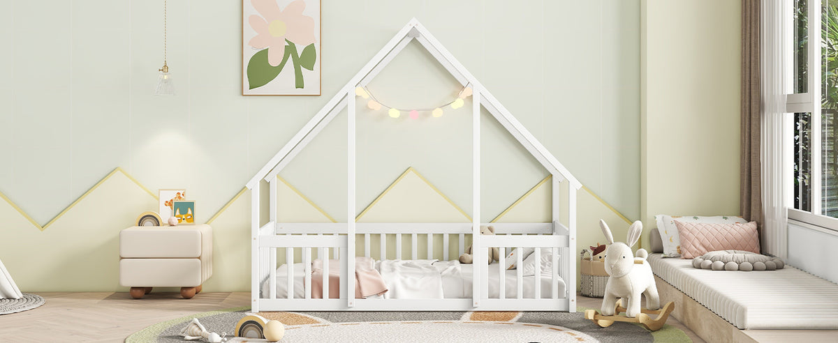 Twin Wood House-Shaped Floor Bed with Fence, Guardrails, White