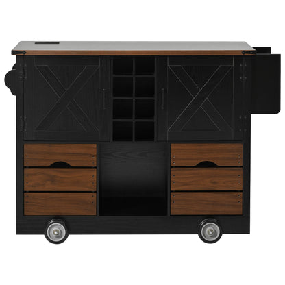 K&K 54" Farmhouse Kitchen Island with Drop Leaf, Power Outlet, Kitchen Storage Cart with 2 Doors, 2 Drawers