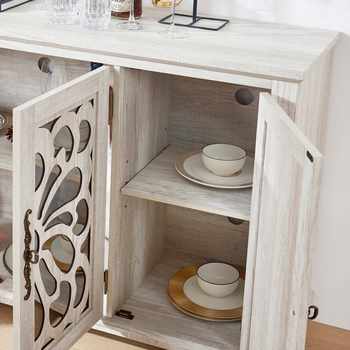 Freestanding Accent Storage Cabinet, MDF Sideboard Buffet Cabinet, Acrylic Mirror Carved Doors, Adjustable Shelf, Spacious Countertop, Anti‑Tip Straps, Easy Assembly for Living Room Hallway Kitchen