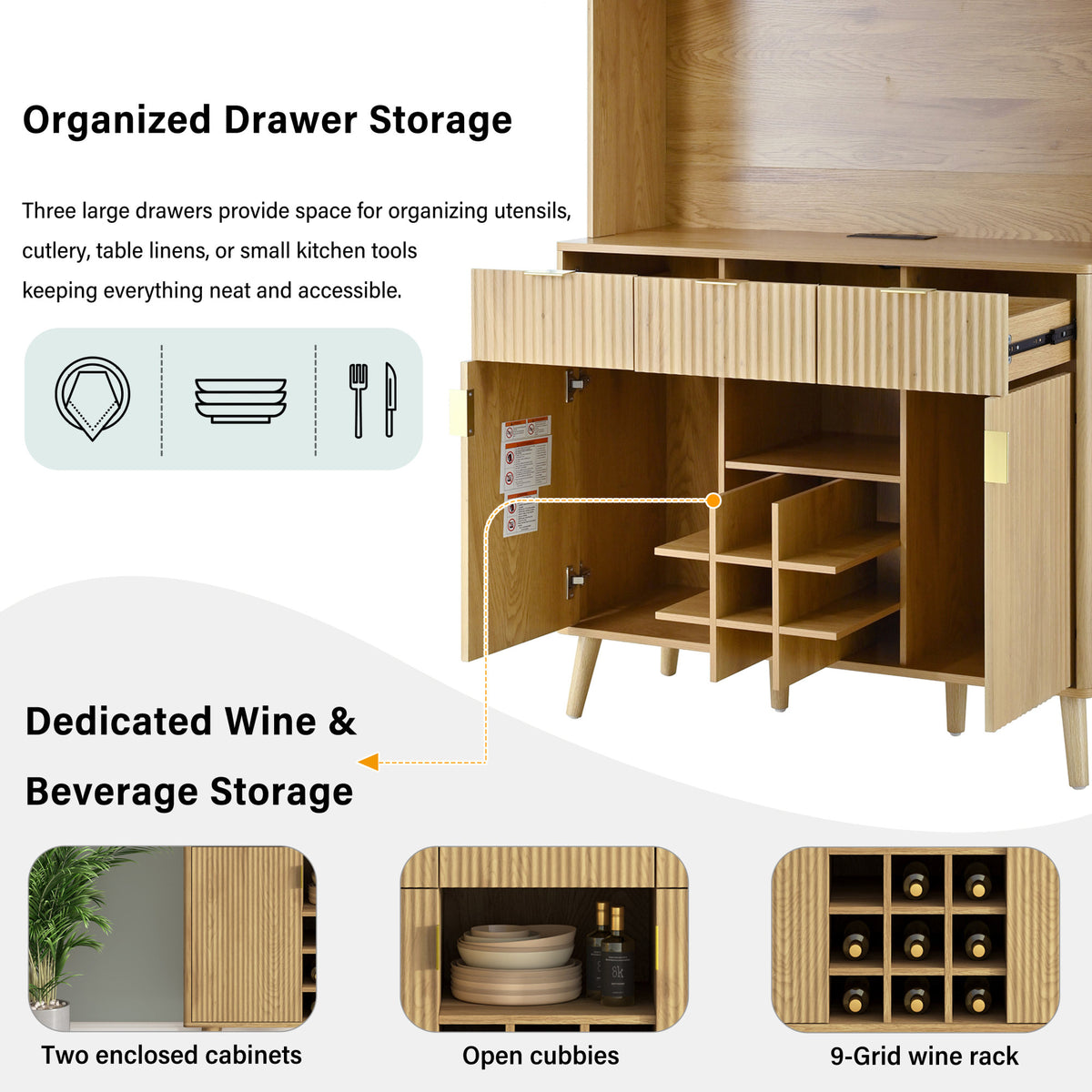 U_Style 72.2" High Kitchen or Bar Cabinet with Electrical Outlet and LED Light, Wine Bottle Storage with Nine-Grid Wine Rack,Multi-Functional Home Sideboard for Dining Room, and Hallway