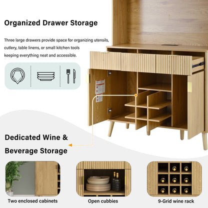 U_Style 72.2" High Kitchen or Bar Cabinet with Electrical Outlet and LED Light, Wine Bottle Storage with Nine-Grid Wine Rack,Multi-Functional Home Sideboard for Dining Room, and Hallway