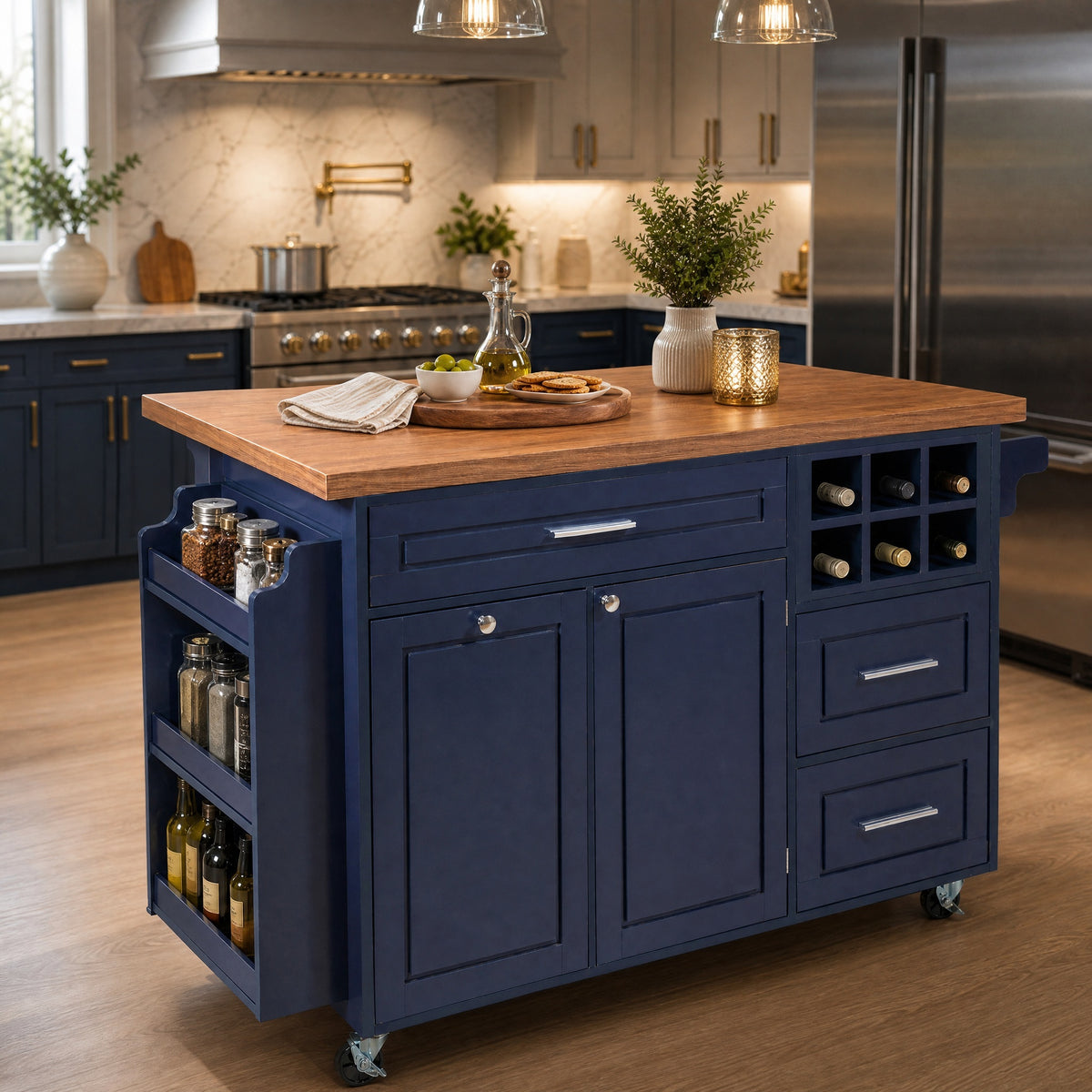 51.54' Rolling Kitchen Island Cart with 7.48' Drop‑Leaf, Rubber Wood Top & MDF Frame, Navy Blue Mobile Kitchen Island on Wheels, Wine Rack, Drawers, Cabinet, Towel Rack for Home Kitchen
