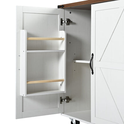 K&K 54.5" Farmhouse Kitchen Island with Power Outlet, Kitchen Storage Island with Internal Storage Rack, Drop Leaf, Spice Rack