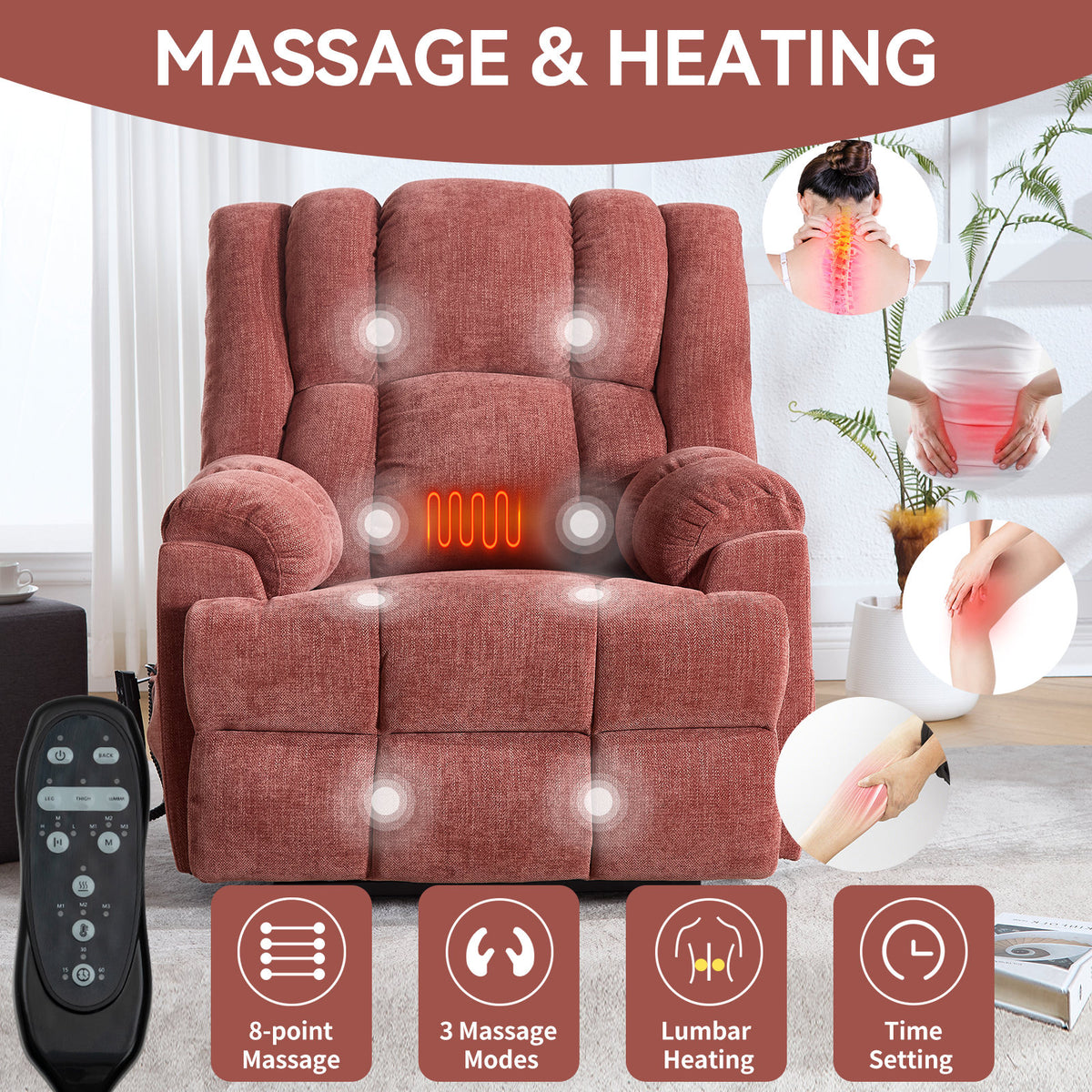 Dual Motor Heat Massage Infinite Position Up to 350 LBS Electric Power Lift Recliners with Power-Remote, Medium-firm and Heavy Duty, Red