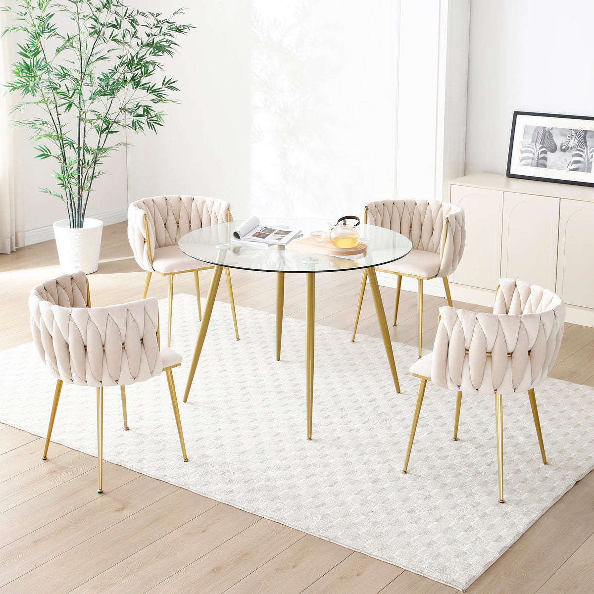 Modern Velvet Dining Chairs Set of 2, Upholstered Woven Dining Chair with Golden Metal Legs, Upholstered Dining Chairs for Dining Room, Kitchen, Vanity, Living Room
