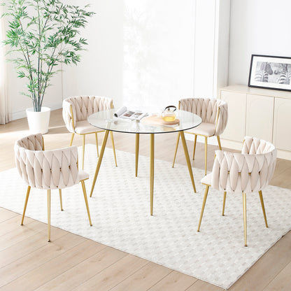 Modern Velvet Dining Chairs Set of 2, Upholstered Woven Dining Chair with Golden Metal Legs, Upholstered Dining Chairs for Dining Room, Kitchen, Vanity, Living Room