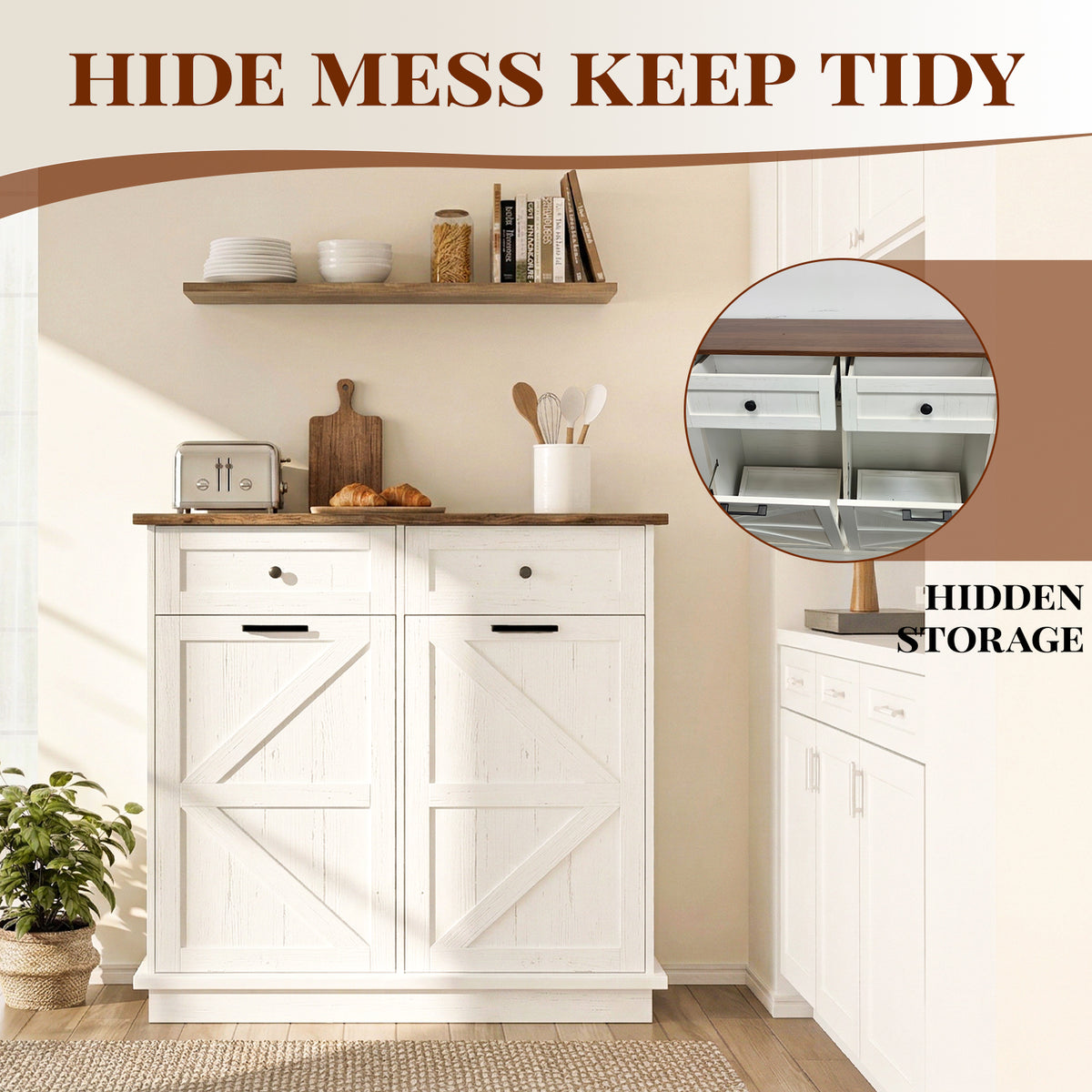 Tilt Out Trash Can Cabinet for Kitchen, Double 10-Gallon Hidden Trash Cabinet with Drawer, Farmhouse Wooden Garbage Cabinet, Dog Proof Trash Can Storage for Kitchen Laundry Living Room Office