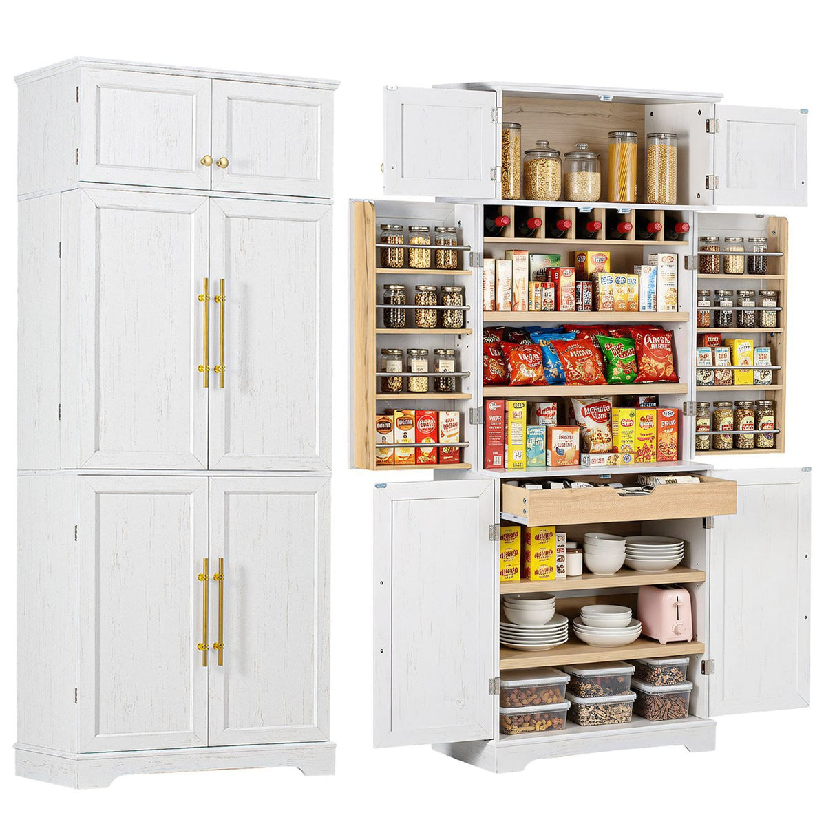 K&K 78.2" Tall Farmhouse Kitchen Pantry Cabinet with 8 Door Shelves, Storage Cabinet with 4 Adjustable Shelves, Hidden Drawer, Wine Rack