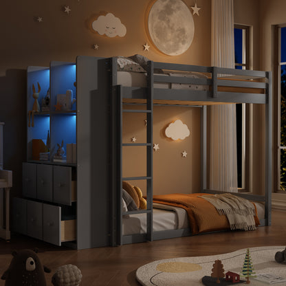 Twin Size Bunk Bed with Drawers, Shelves and Light, Gray