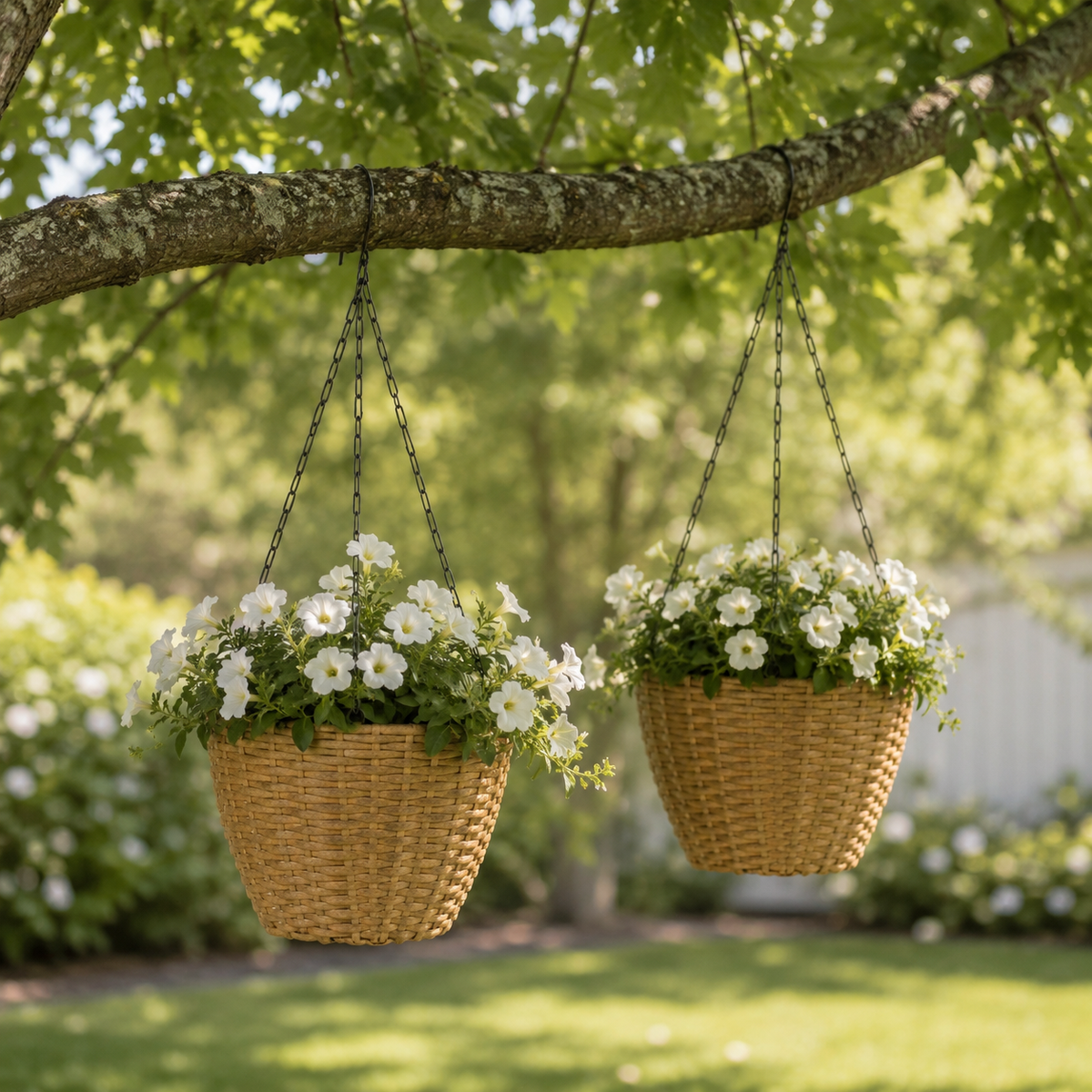 SOLHOME 10.6" Resin Wicker Set of 2 Hanging Planters with Steel Frame – Indoor Outdoor Plant Holders with Steel Hangers and PE Liner