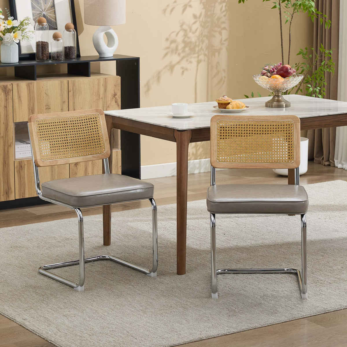 Dining Chairs Set of 2,Mid‑Century Modern Cane Rattan Dining Chair with Solid Wood Frame,Faux Leather Upholstered Seat,Cantilever Chrome Metal Frame Armless Side Chair for Kitchen Dining Room,SW1751GG