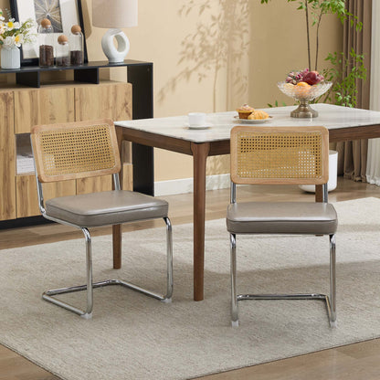 Dining Chairs Set of 2,Mid‑Century Modern Cane Rattan Dining Chair with Solid Wood Frame,Faux Leather Upholstered Seat,Cantilever Chrome Metal Frame Armless Side Chair for Kitchen Dining Room,SW1751GG