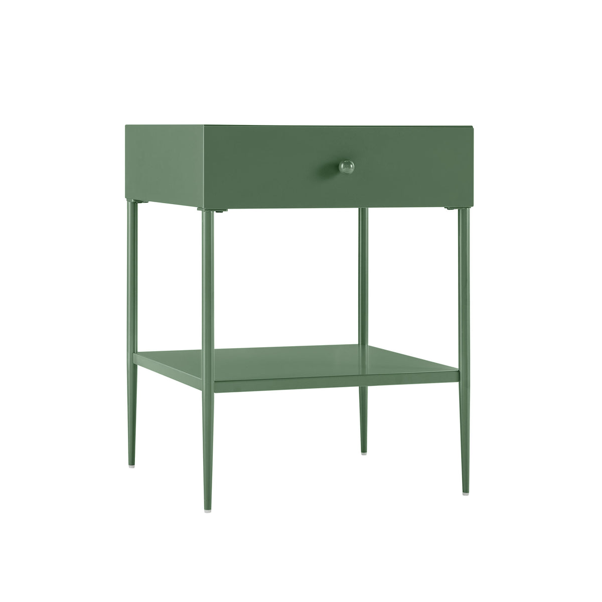 Colette Vintage Green Metal 1-Drawer Nightstand with Bottom Shelf & Tapered Legs