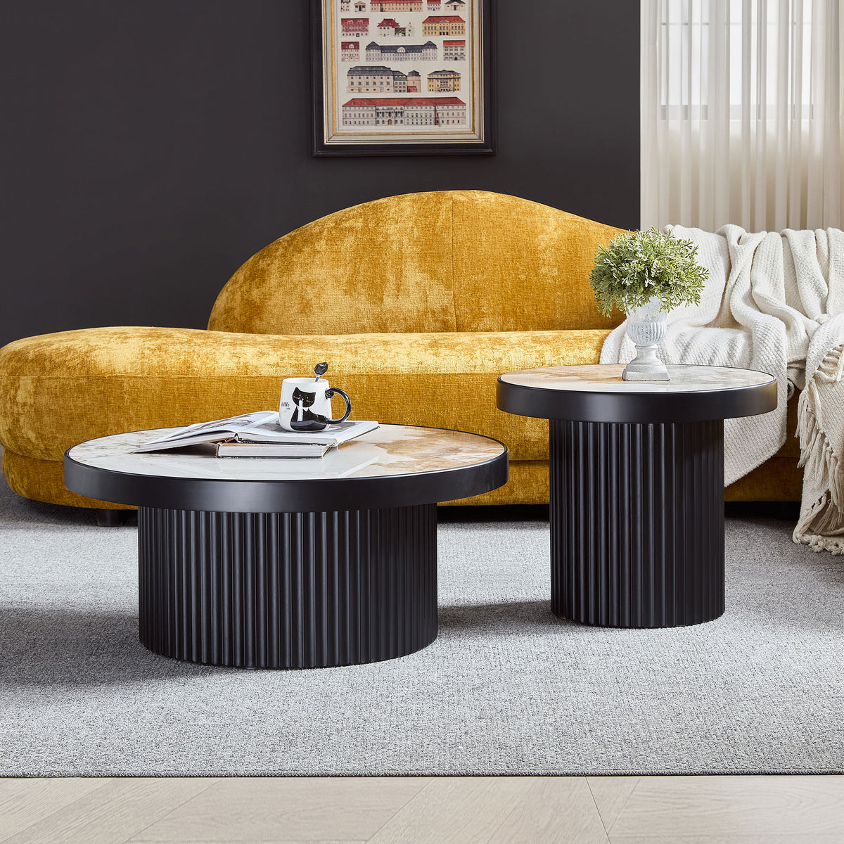 Set of 2 Coffee Table,MDF Round Coffee Table Sintered Stone Tabletop for Living Room Apartment,Leisure Area BLACK