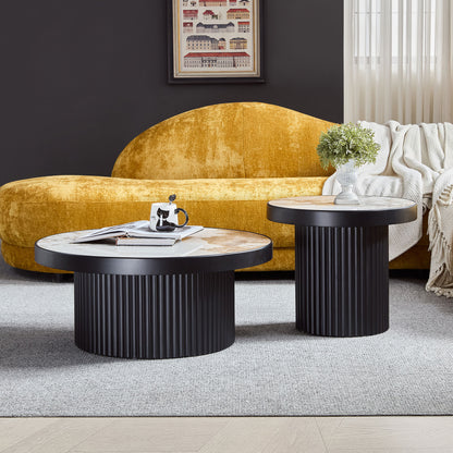 Set of 2 Coffee Table,MDF Round Coffee Table Sintered Stone Tabletop for Living Room Apartment,Leisure Area BLACK