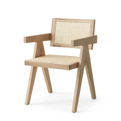 Mid-Century Modern Solid Wood Dining Accent Chair with Natural Rattan Cane Back & Seat, Vintage V-Leg Armchair for Living Room, Dining Room, Home Office