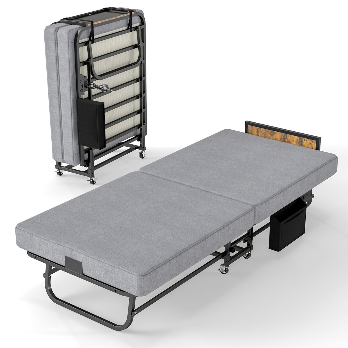 78"×31" Folding Bed with Headboard & USB Charging Station, 3" Memory Foam Rollaway Bed with Storage Pocket, Heavy-Duty Portable Guest Bed on Wheels, Ideal for Guests, Office Naps & Camping
