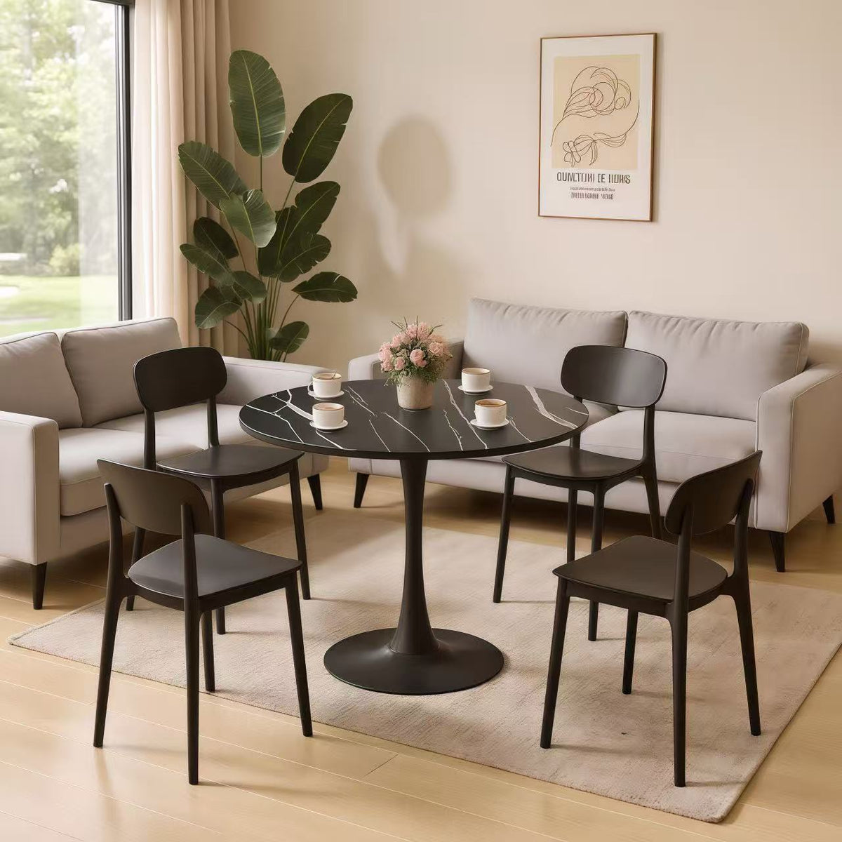 Round Table, Modern Dining Table, MDF Top and Steel Base Tulip Round Kitchen Table, Mid Century Coffee Table for Living Room 24 Inch - Black Marble