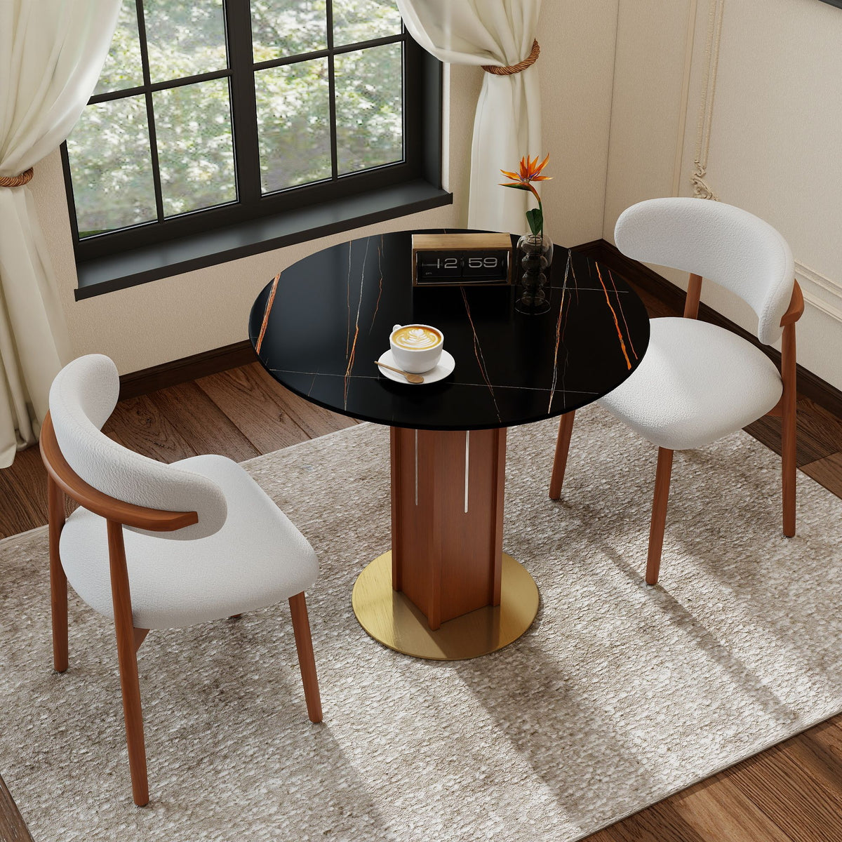 Φ85cm Round Slate Dining table, 12mm Black Desktop, Walnut Column, 2 - Person Kitchen Table for Small Space, 150lbs Weight Capacity(Only the Negotiation Table)