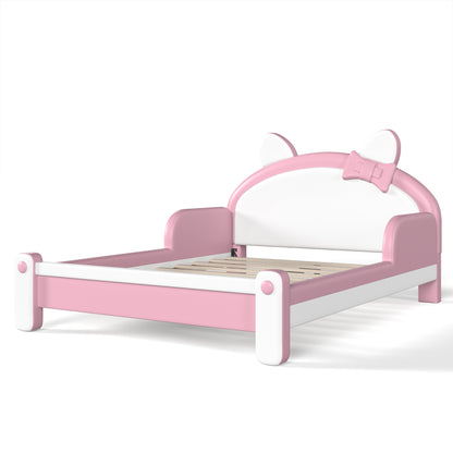 Full Cute Cat Shaped Upholstered Kids Platform Bed, Princess Style Low Profile Children Bed Frame for Bedroom,white&Pink