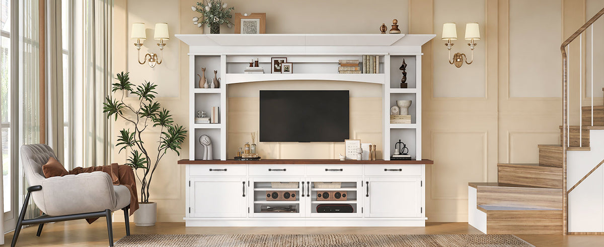 94.3' Extra Long Farmhouse TV Stand with 7-Color LED Lights, Adjustable Shelves & Storage Cabinets, Modern Entertainment Center Media Console for 65 Inch TVs for Living Room