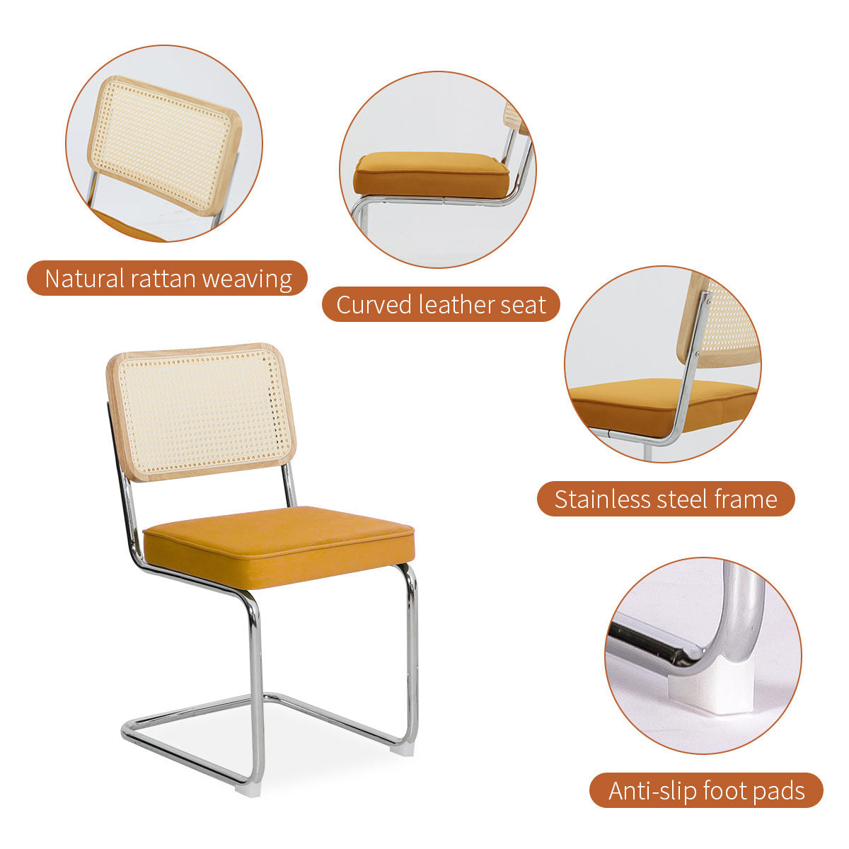 Dining Chairs Set of 2, Velvet Rattan Side Accent Chairs with Chrome Legs, Modern Mid Century Breuer Designed Chairs