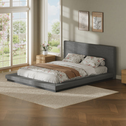 Queen Size Floating Modern Bed Frame with Padded Headboard, Low Profile Metal Slat Base, Anti-Collision Padded Surround, No Box Spring Required for Bedroom, Easy to Assemble,Gray