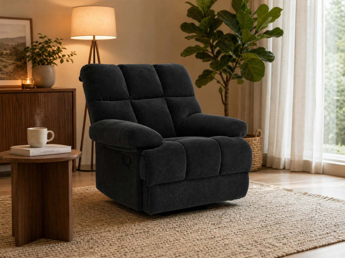 Modern Manual Rocker Recliner Chair with Nubby Upholstery Fabric in Dark Grey, Fabric +Wood and Metal Construction