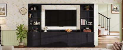 Modern Arched Entertainment Center Wall Unit with 6 Drawers, Farmhouse Large TV Stand with Bookshelves for TVs Up to 70', All-in-One Media Console with Adjustable Shelves for Living Room, Black