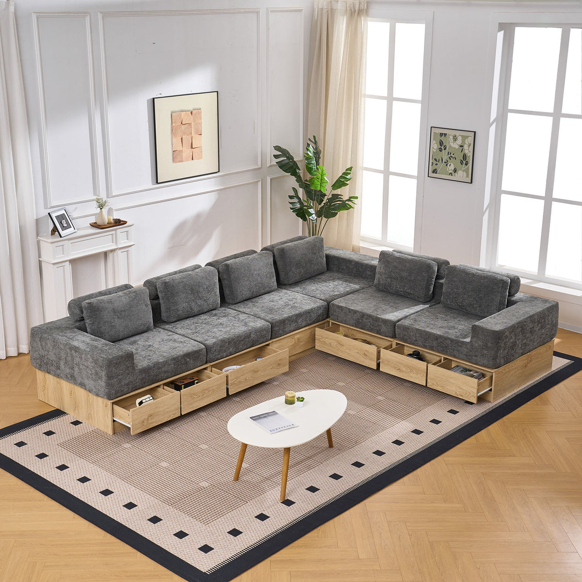 6-seat Modular Sectional Sofa with Storage Drawers, Multi-Functional L-Shaped Couch with Built-In Cabinet Base and Center Table Design, Convertible Combination Sofa Set, Modern Upholstered Sofa