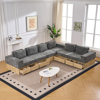 6-seat Modular Sectional Sofa with Storage Drawers, Multi-Functional L-Shaped Couch with Built-In Cabinet Base and Center Table Design, Convertible Combination Sofa Set, Modern Upholstered Sofa