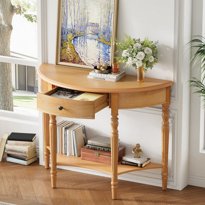 TREXM Farmhouse Half Moon Console Table with Drawer & Shelf - Rustic Accent Table, Sofa Table, Hallway and Foyer (Natural)