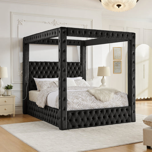 Canopy Bed Frame Queen Size, Velvet Upholstered Platform Bed with Button Tufted Headboard, Built-in Bluetooth Speaker, USB-A & USB-C Charging Ports, Heavy Duty Mattress Foundation, Black
