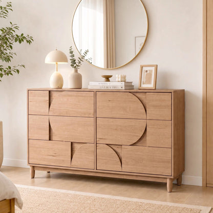 Mid Century 6-Drawer Dresser for Bedroom, 55" Wide Modern Chest of Drawers, TV Stand for Living Room, Solid Wood legs,Vanity Desk, Closet Storage, Drawers Organizer Furniture, Hallway,Light Oak