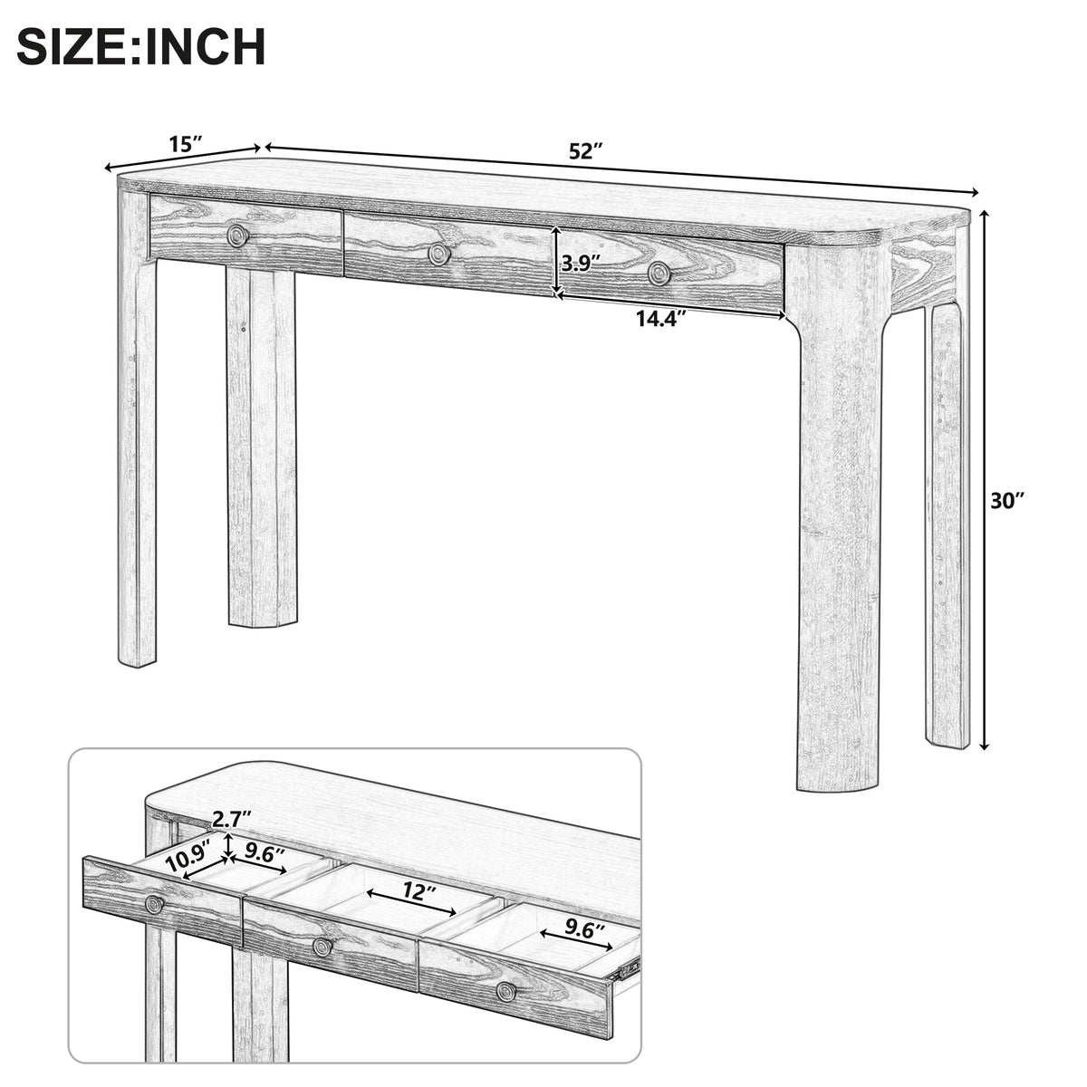 TREXM Rustic Console Table with Curved Corners for Safety, Entryway Table with 3 Concealed Drawers