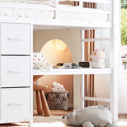 Twin Metal Low Loft Bed for Kids, Low Loft Bed with Storage Drawer, Low Loft Bed with Bookshelf & Built-in Desk, Sturdy Low Loft Bed Frame, Multi-Function Low Loft Bed for Kids.White